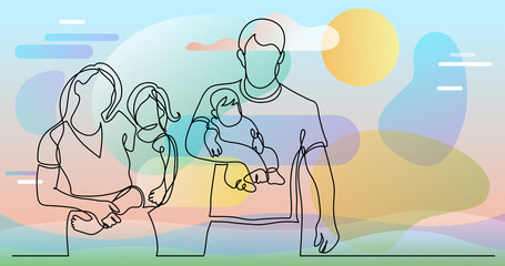 continuous line drawing of family of four walking holding their children on hands