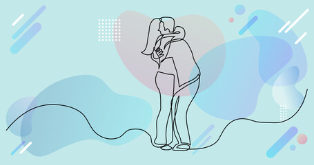 continuous line drawing of guy and girl couple hugging each other