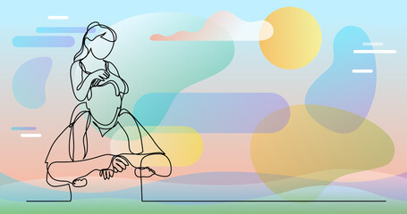 continuous line drawing of happy father carrying his daughter girl on his shoulders