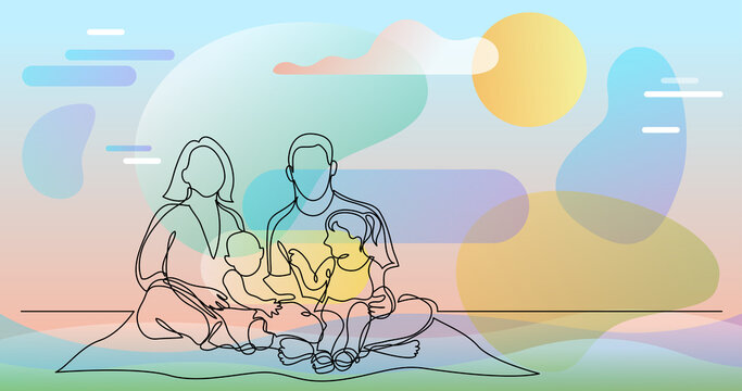 continuous line drawing of family of four sitting on picnic blanket in park