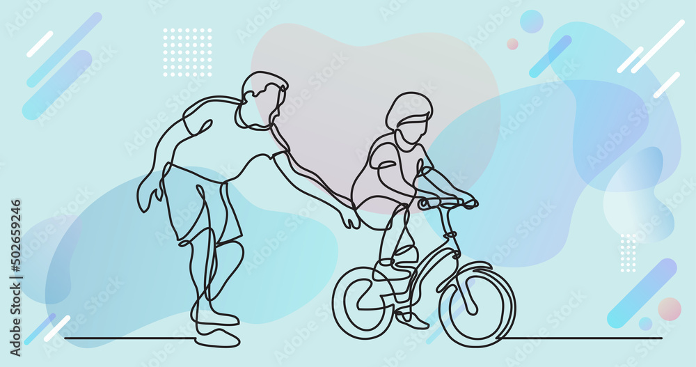 Poster one line drawing of father helping child to drive bicycle