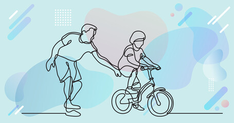 one line drawing of father helping child to drive bicycle