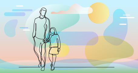 father and daughter walking - single line drawing