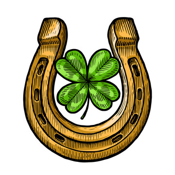 recommend clip art: Horseshoe and four leaf clover. Symbol of good luck and success. Vintage vector illustration