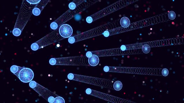 Abstract glow particles form 3d object in space. Cylinders. Vj loop as bg of virtual digital space. Particles form holoram shape as concept of big data, network or vr space. Sci-fi motion design bg