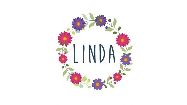 linda text animate on Round floral frame. 4K motion animation.