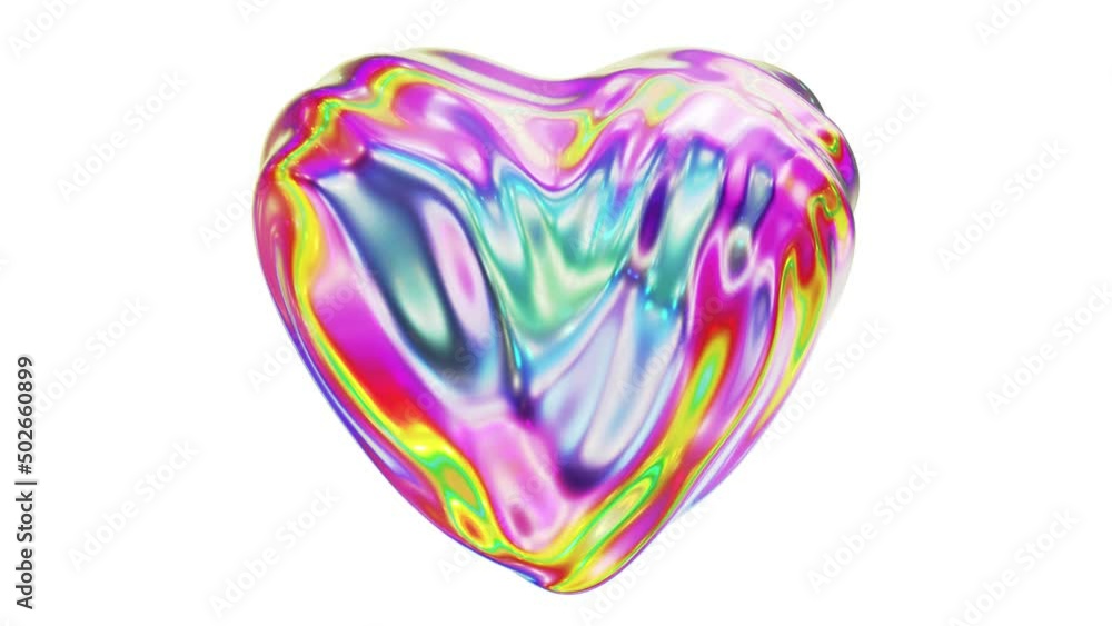 Poster realistic looping 3d animation of the abstract morphing rainbow iridescent liquid glass heart agains