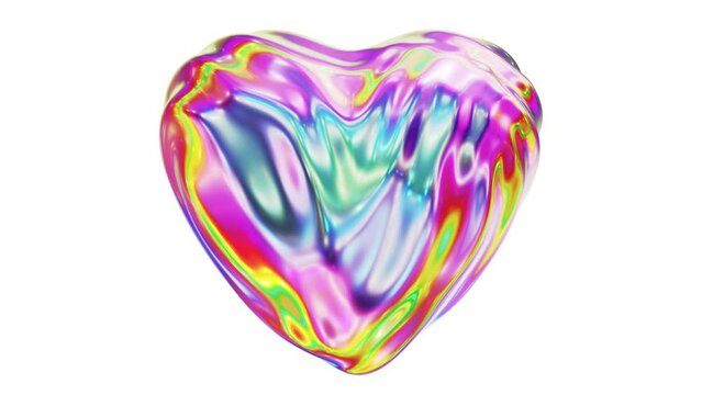 Realistic looping 3D animation of the abstract morphing rainbow iridescent liquid glass heart against white rendered in UHD with alpha matte