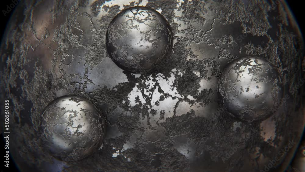 Poster realistic looping satisfying 3d animation of the textured old scratched weathered steel sphere with 
