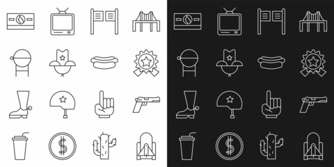 Set line Rocket launch from the spaceport, Pistol gun, Medal with star, Saloon door, Western cowboy hat, Barbecue grill, Stacks paper money cash and Hotdog sandwich icon. Vector