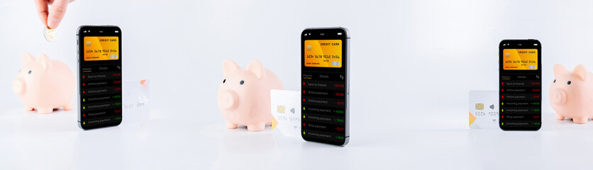 E banking concept. Mobile phone set with internet online bank app. Pig bank with credit card on white background. Online wallet collection save money.