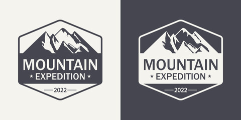 Vector Ventage Labels with Hand Drawn Mountains. 2022. Illustration for Ski Resort, Hiking, Climbing, Mountain Biking Logo Set. Drawing Winter Landscape, Camping Design