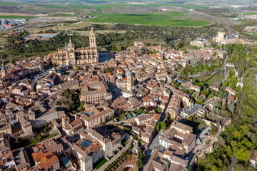 View of the Alcazar fortress and St Mary cathedral of segovia, listed world Heritage center by UNESCO Panoramic aerial