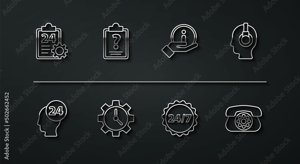 Poster set line checklist with 24 hours service, support operator in touch, clock, time management, clipboa
