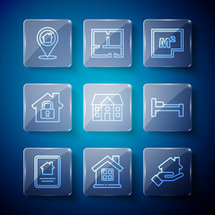 Set line Online real estate house, House, Realtor, plan, under protection, Location with and Bed icon. Vector