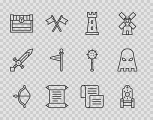 Set line Medieval bow and arrow, throne, Castle tower, Decree, parchment, scroll, Antique treasure chest, flag, and Executioner mask icon. Vector
