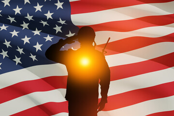 USA army soldier saluting on a background of sunset or sunrise and USA flag. Greeting card for Veterans Day, Memorial Day, Independence Day. America celebration. Closeup. 3D-rendering.