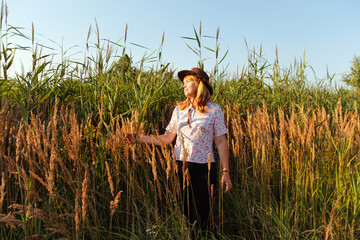 Defocus outdoor portrait of a beautiful blonde middle-aged woman near reed and pampas grass. Youth,...