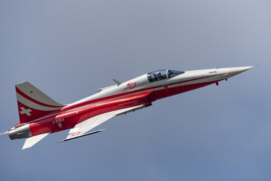 Payerne, Switzerland - September 4, 2014: Northrop F-5E fighter aircraft from the Swiss Air Force formation display team Patrouille Suisse.