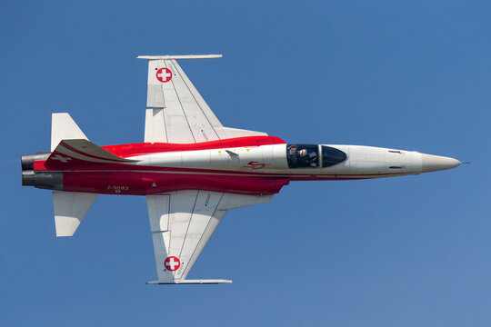 Payerne, Switzerland - September 4, 2014: Northrop F-5E fighter aircraft from the Swiss Air Force formation display team Patrouille Suisse.