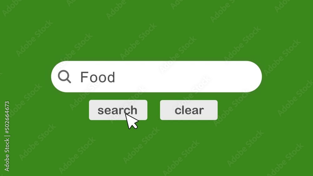 Poster food typing on search bar with click animation on green background.searching the word on internet se