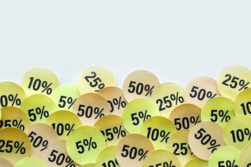 Large amount of stickers with yellow percentage values for black friday or cyber monday sale....
