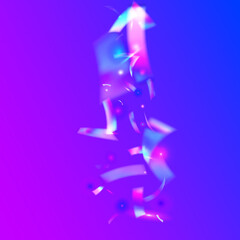 Falling Glitter. Iridescent Background. Retro Prismatic Template. Purple Laser Sparkles. Hologram Tinsel. Metal Prism. Digital Art. Festive Foil. Violet Falling Glitter