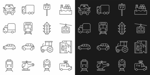 Set line TV News car, Broken road, Cable, Road traffic signpost, Train and railway, Delivery cargo truck, Car and Traffic light icon. Vector