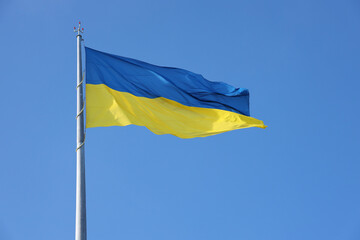 Ukrainian flag isolated on the blue sky with clipping path. Close up waving banner of Ukraine. Tall...