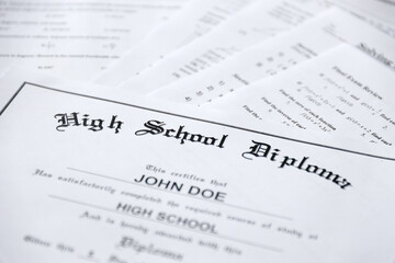 High School Diploma copy lies on many pages of alghebra and geometry tests and tasks. Graduation...