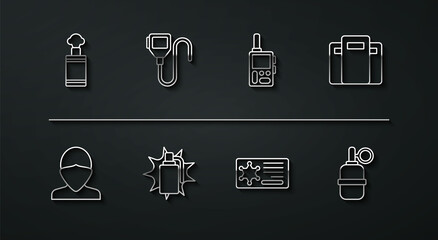 Set line Hand grenade, Vandal, Police assault shield, badge, Walkie talkie, and icon. Vector