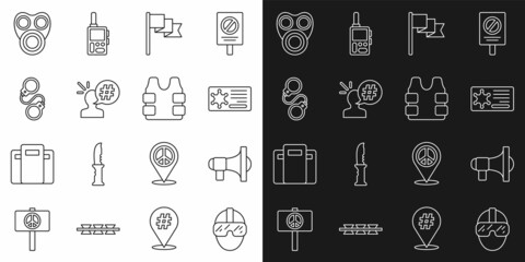 Set line Special forces soldier, Megaphone, Police badge, Location marker, Protest, Handcuffs, Gas mask and Bulletproof vest icon. Vector