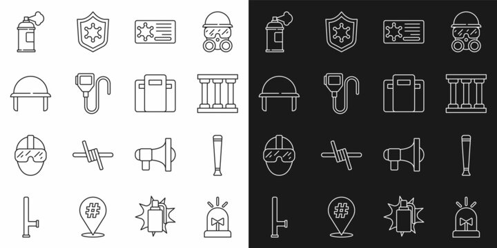 Set line Flasher siren, Police rubber baton, Prison window, badge, Walkie talkie, Military helmet, Paint spray can and assault shield icon. Vector