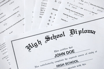High School Diploma copy lies on many pages of alghebra and geometry tests and tasks. Graduation document - obrazy, fototapety, plakaty