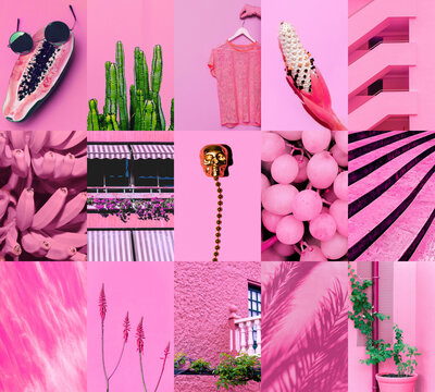 Set of trendy aesthetic photo collages. Minimalistic images of one top color. Pink moodboard
