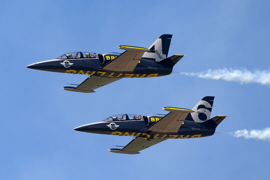 Payerne, Switzerland - September 5, 2014: Breitling Jet Team Aero L-39C Albatross jet trainer aircraft flying in formation.