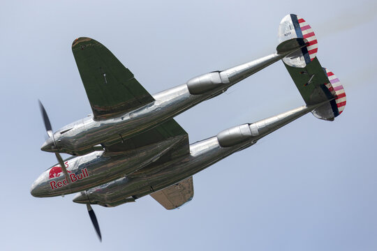 Payerne, Switzerland - August 30, 2014: Lockheed P-38 Lightning World War II fighter aircraft operated by The Flying Bulls Collection.