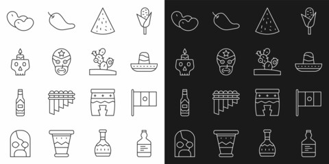 Set line Tequila bottle, Mexico flag, Mexican sombrero, Nachos, wrestler, Burning candle on skull, Beans and Cactus icon. Vector