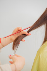 catting hair ends. Hairdresser cut clients hairs