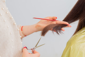 catting hair ends. Hairdresser cut clients hairs