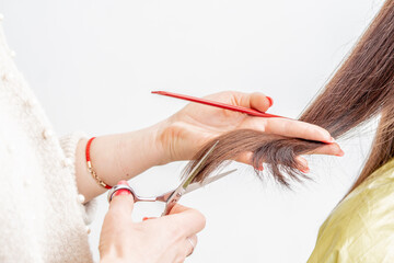 catting hair ends. Hairdresser cut clients hairs