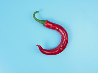 Chili peppers isolated on blue background. Red hot chili peppers as an ingredient of Asian and Mexican cuisine and spices
