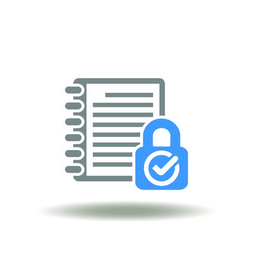 Vector illustration of binder notepad or notebook with lock and check mark. Icon of PCI DSS payment card industry digital security standard. Symbol of compliance security standards.