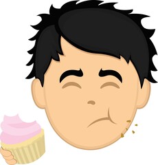 Vector illustration of a cartoon man face eating a cupcake or muffin