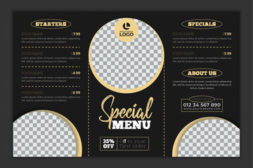 food trifold brochure. Restaurant Fast food café menu template. Vintage menu on dark chalkboard with price list