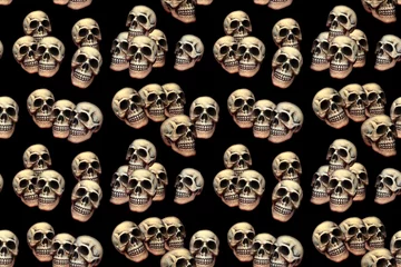 Foto auf Alu-Dibond Schädel Nahtloses Muster der menschlichen Schädel auf schwarzem Hintergrund. Sich wiederholendes Schädelmuster.