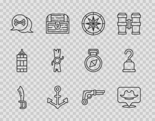 Set line Pirate sword, Location pirate, Compass, Anchor, Decree, parchment, scroll, Vintage pistols and hook icon. Vector