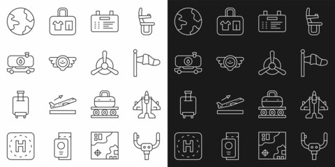 Set line Aircraft steering helm, Jet fighter, Cone meteorology windsock, Airport board, Aviation emblem, Fuel tanker truck, Worldwide and Plane propeller icon. Vector
