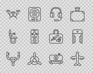 Set line Aircraft steering helm, Plane, Headphones with microphone, propeller, Drone flying, Mobile ticket, Fuel tanker truck and Metal detector airport icon. Vector