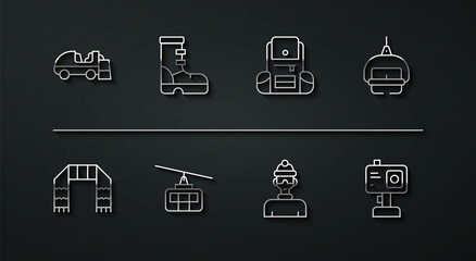 Set line Ice resurfacer, Winter scarf, Ski lift, athlete, Cable, Waterproof rubber boot, Action camera and Hiking backpack icon. Vector